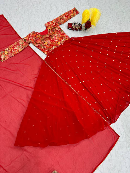 Traditional Georgette Red Princess Gown For Durga Puja