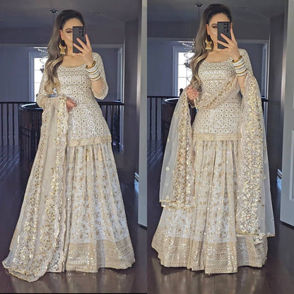 Georgette Semi-stitched Lehenga Choli For Women Bollywood Styel Georgatte With Embrodery Sequance Work, Beige