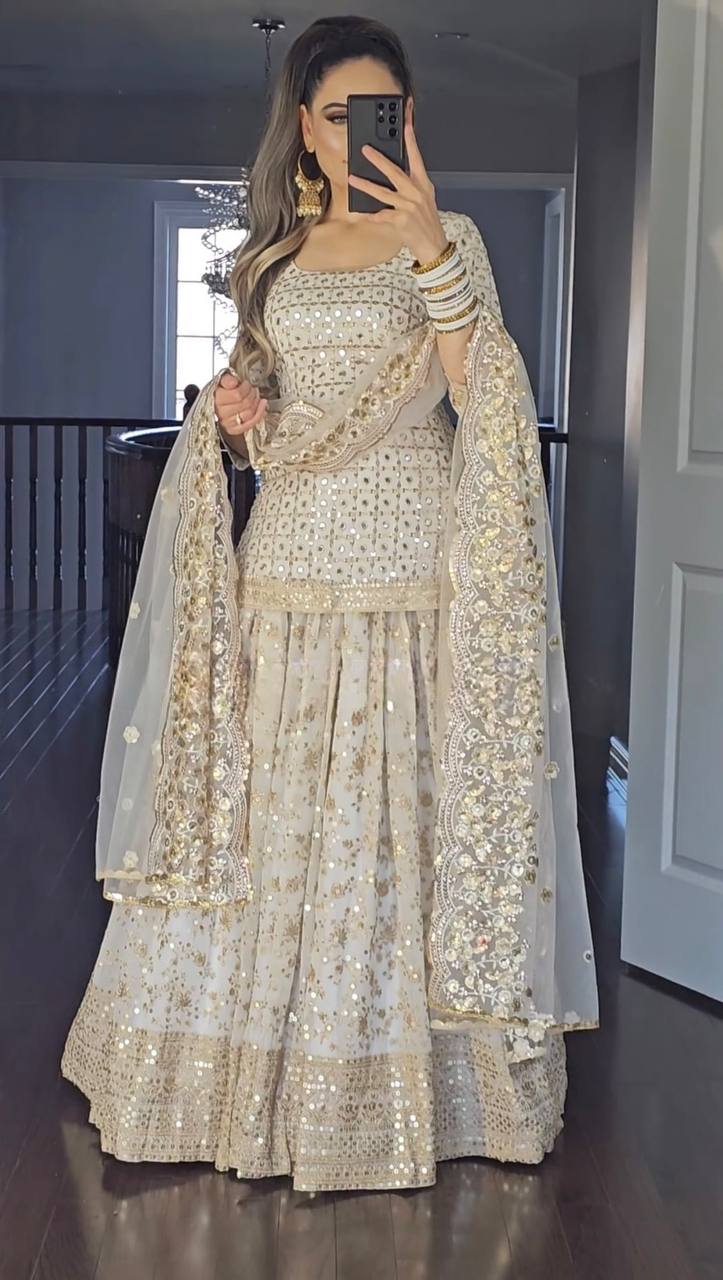 Georgette Semi-stitched Lehenga Choli For Women Bollywood Styel Georgatte With Embrodery Sequance Work, Beige