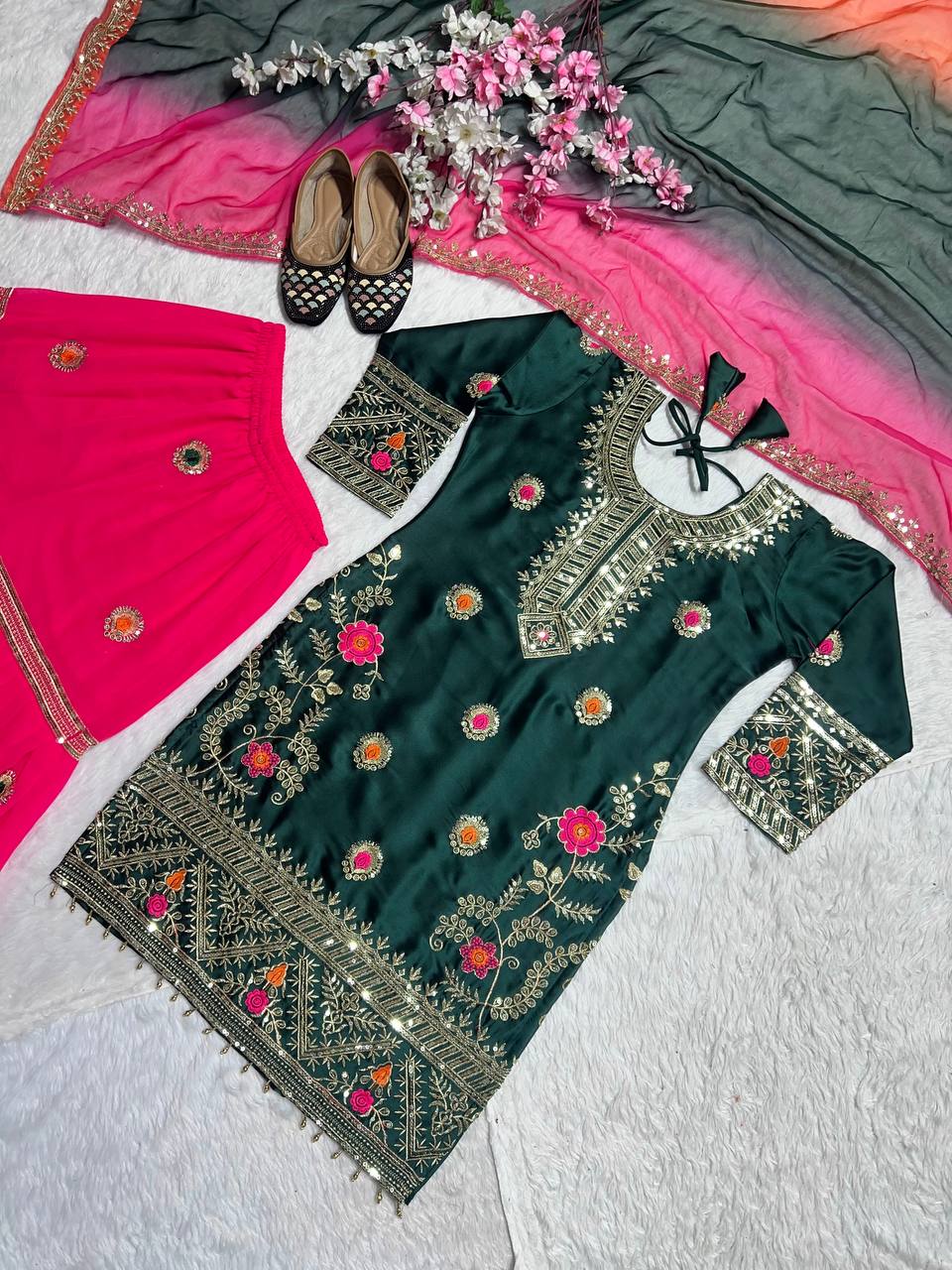 Malai Silk Kurta Sharara Plazzo Set with Embroidered Dupatta for Celebrations