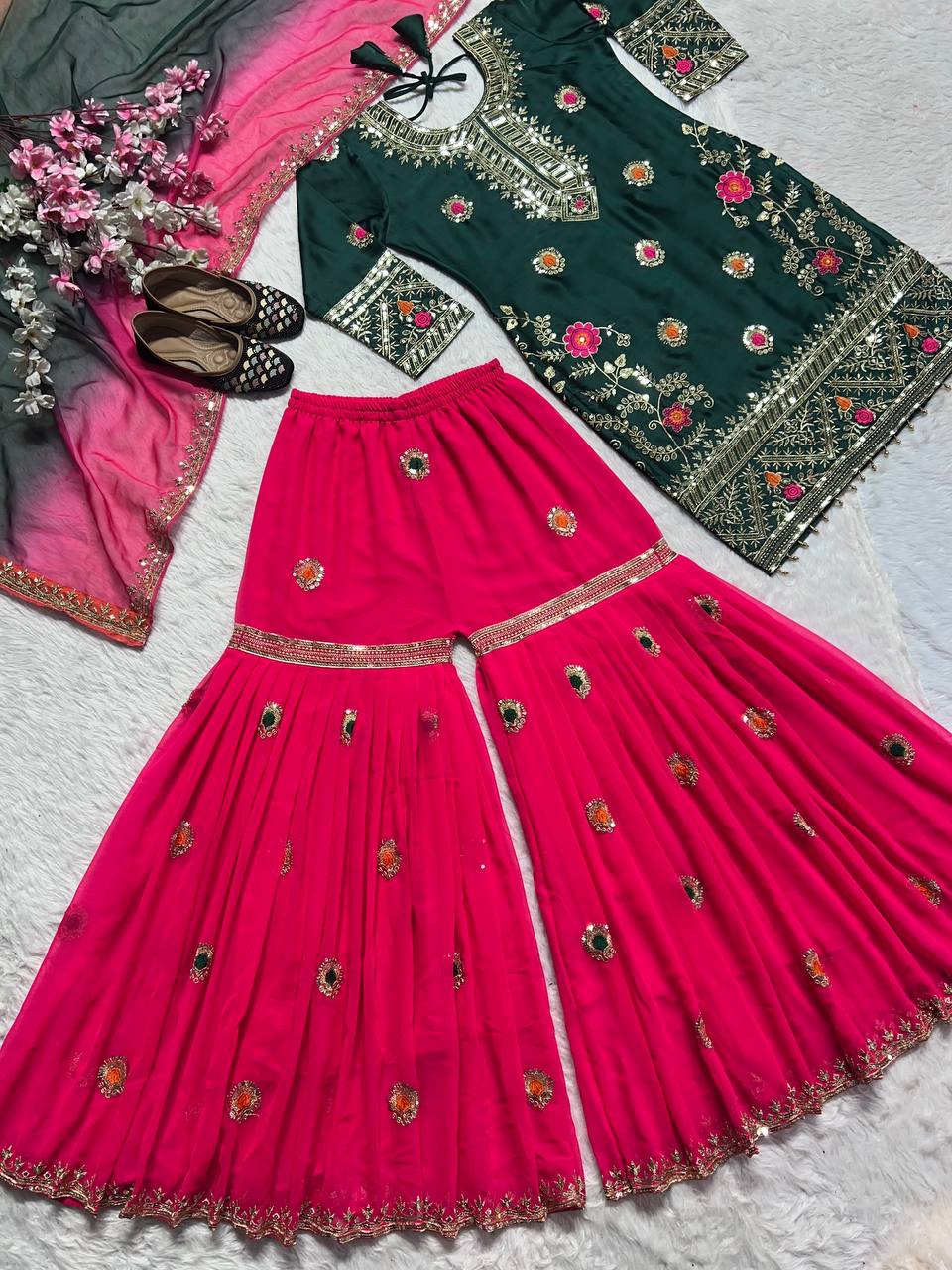 Malai Silk Kurta Sharara Plazzo Set with Embroidered Dupatta for Celebrations