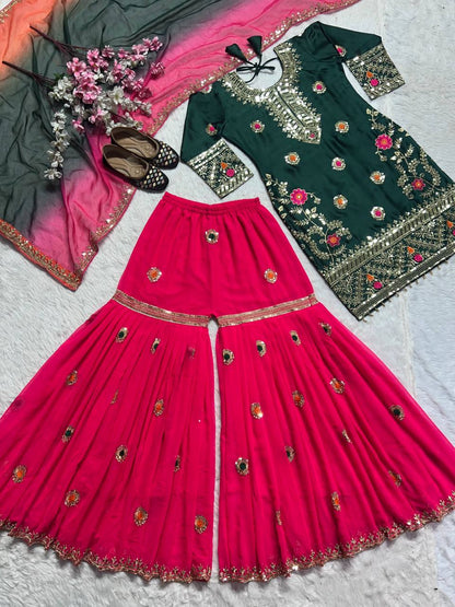 Malai Silk Kurta Sharara Plazzo Set with Embroidered Dupatta for Celebrations