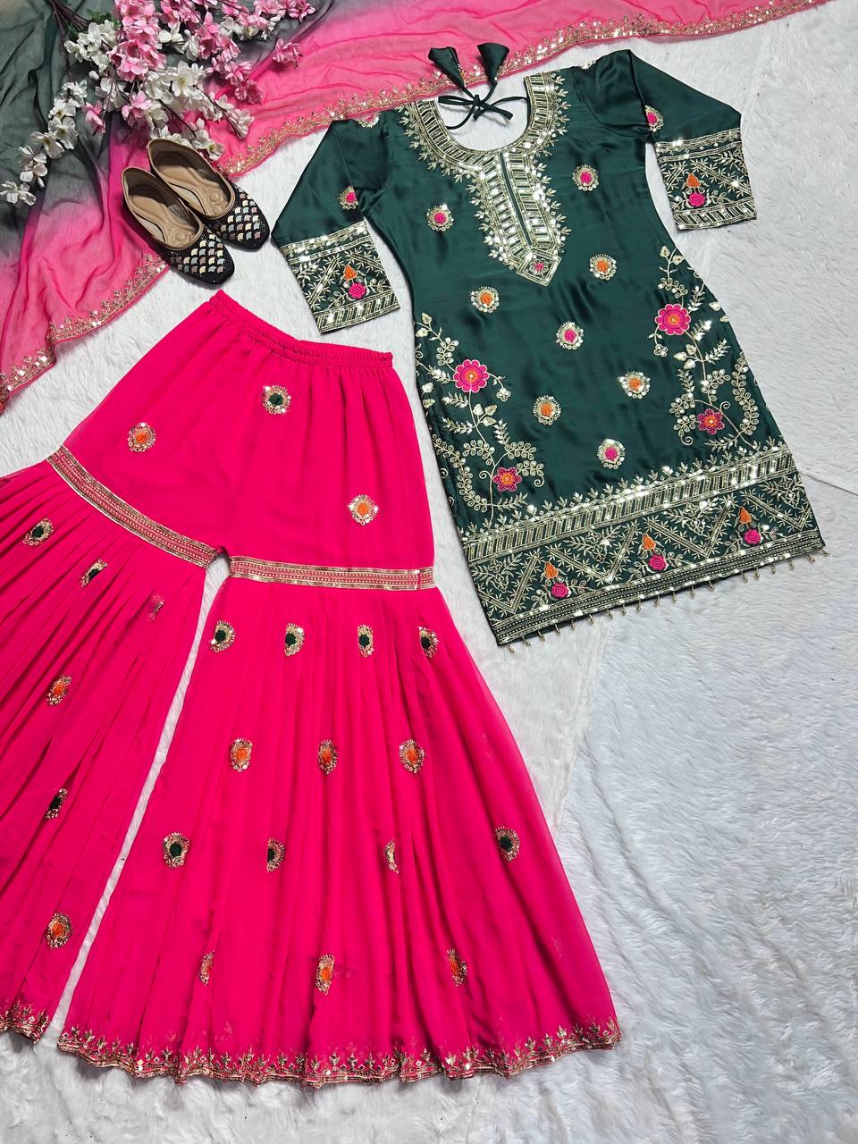 Malai Silk Kurta Sharara Plazzo Set with Embroidered Dupatta for Celebrations