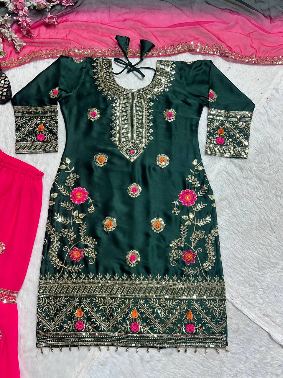 Malai Silk Kurta Sharara Plazzo Set with Embroidered Dupatta for Celebrations