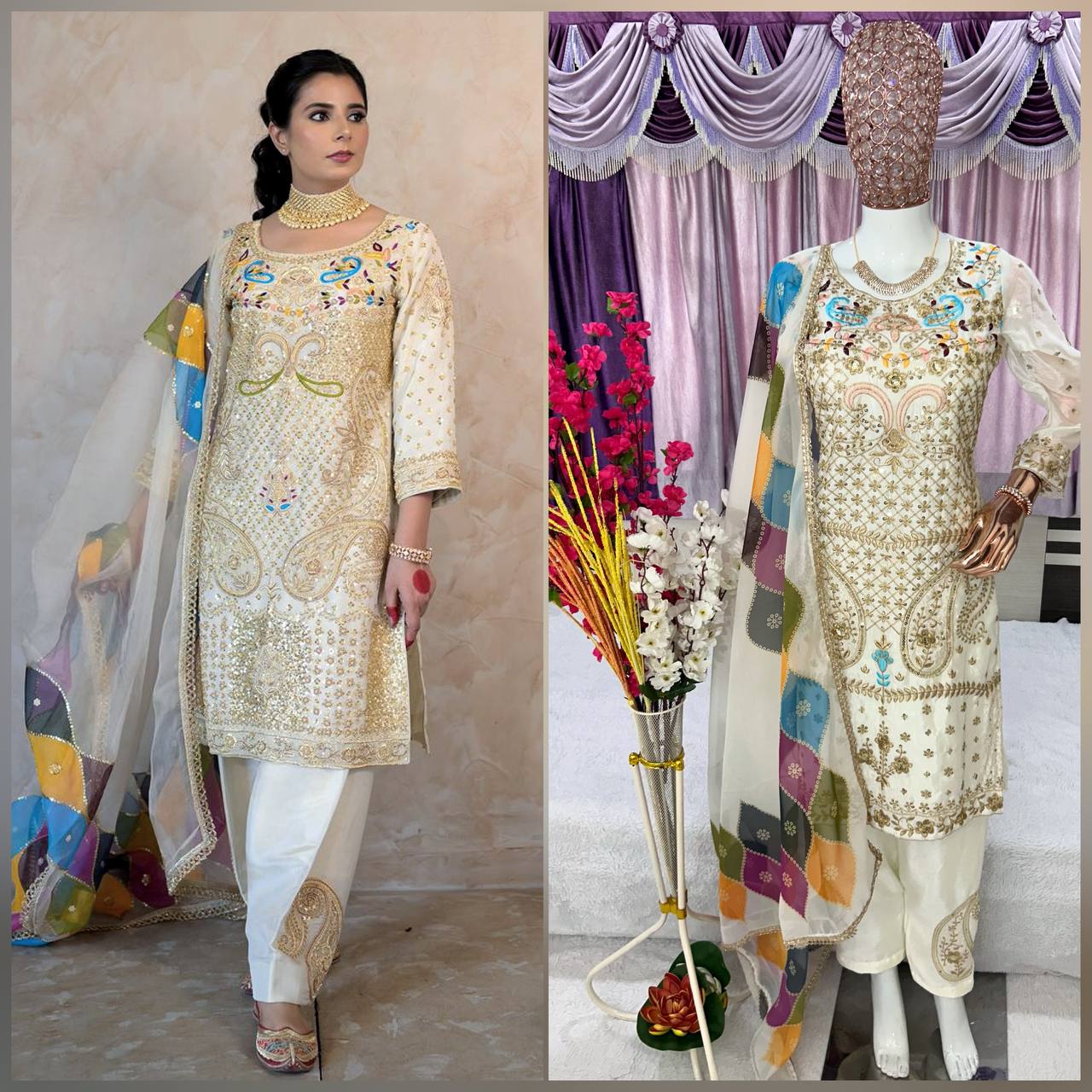 Fashionable Women Silk Zari Woven Kurta Pants With Dupatta Sets