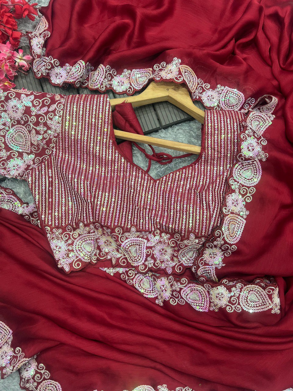 Red Beautiful Sequins Saree With Embroidery Work