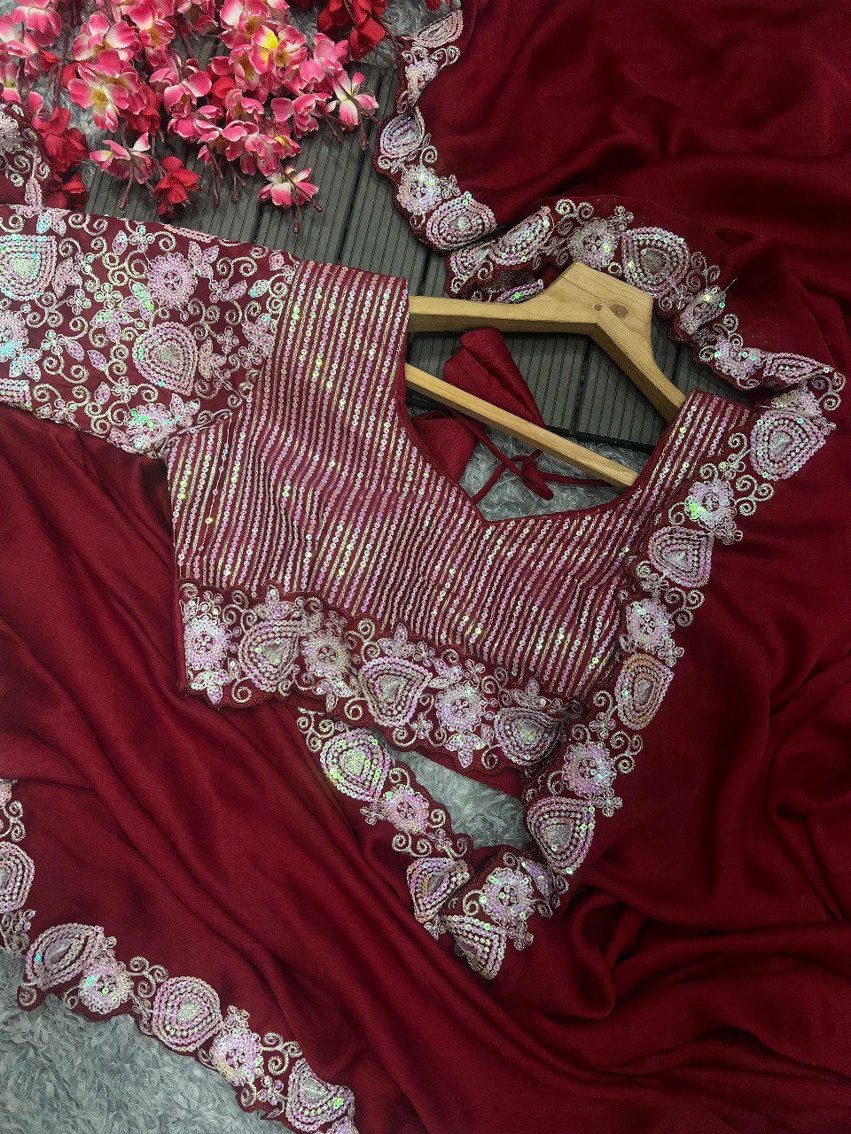 Red Beautiful Sequins Saree With Embroidery Work