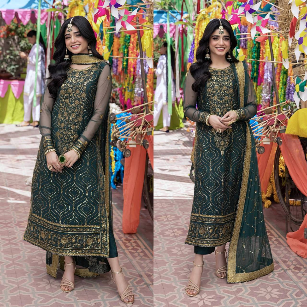 Green Color Ready Made Embroidered Sequence Work Georgette Salwar Suit