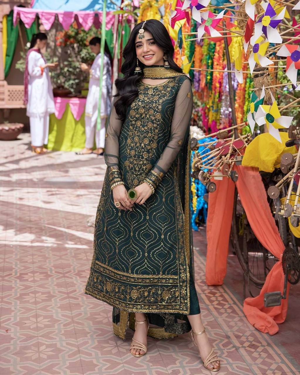 Green Color Ready Made Embroidered Sequence Work Georgette Salwar Suit