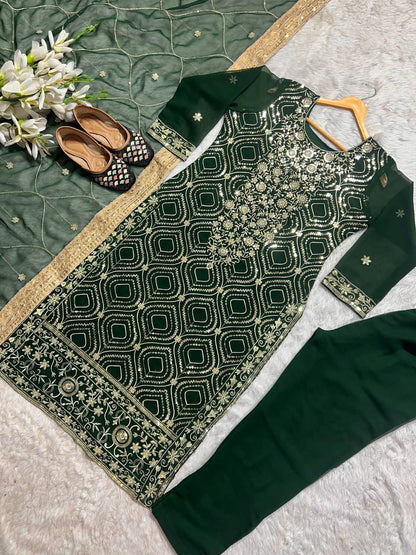 Green Color Ready Made Embroidered Sequence Work Georgette Salwar Suit