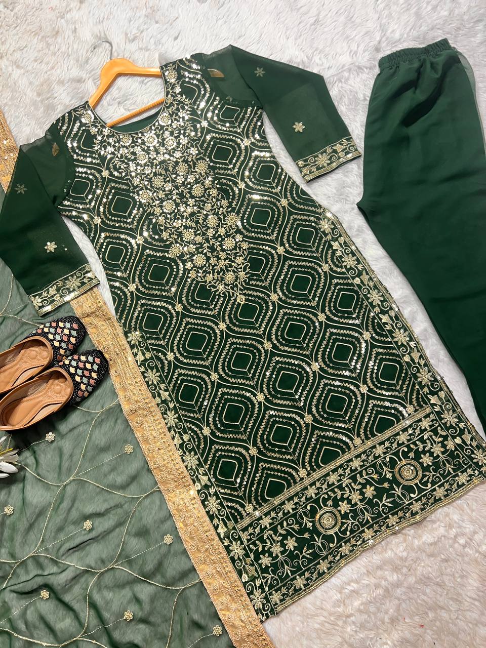 Green Color Ready Made Embroidered Sequence Work Georgette Salwar Suit