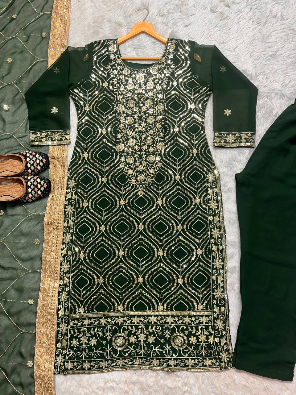 Green Color Ready Made Embroidered Sequence Work Georgette Salwar Suit