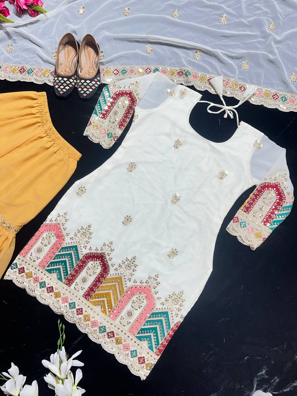 Stylish White Color Pure Chinnon Silk Embroidery Salwar Suit