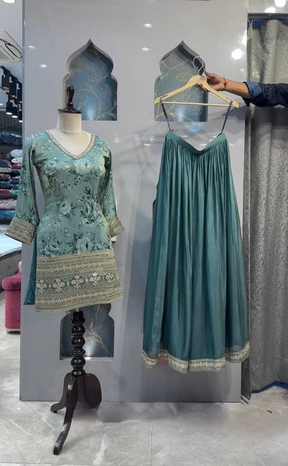 Luxurious Chinon Silk Kurta, Embroidered Sharara Palazzo, and Net Dupatta Set