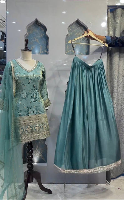 Luxurious Chinon Silk Kurta, Embroidered Sharara Palazzo, and Net Dupatta Set