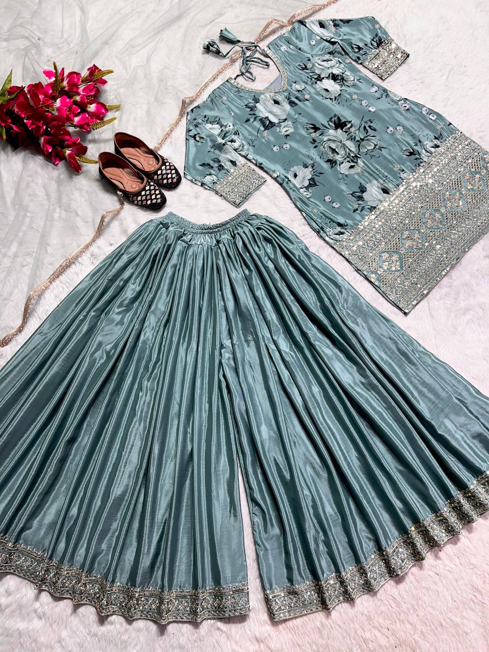 Luxurious Chinon Silk Kurta, Embroidered Sharara Palazzo, and Net Dupatta Set