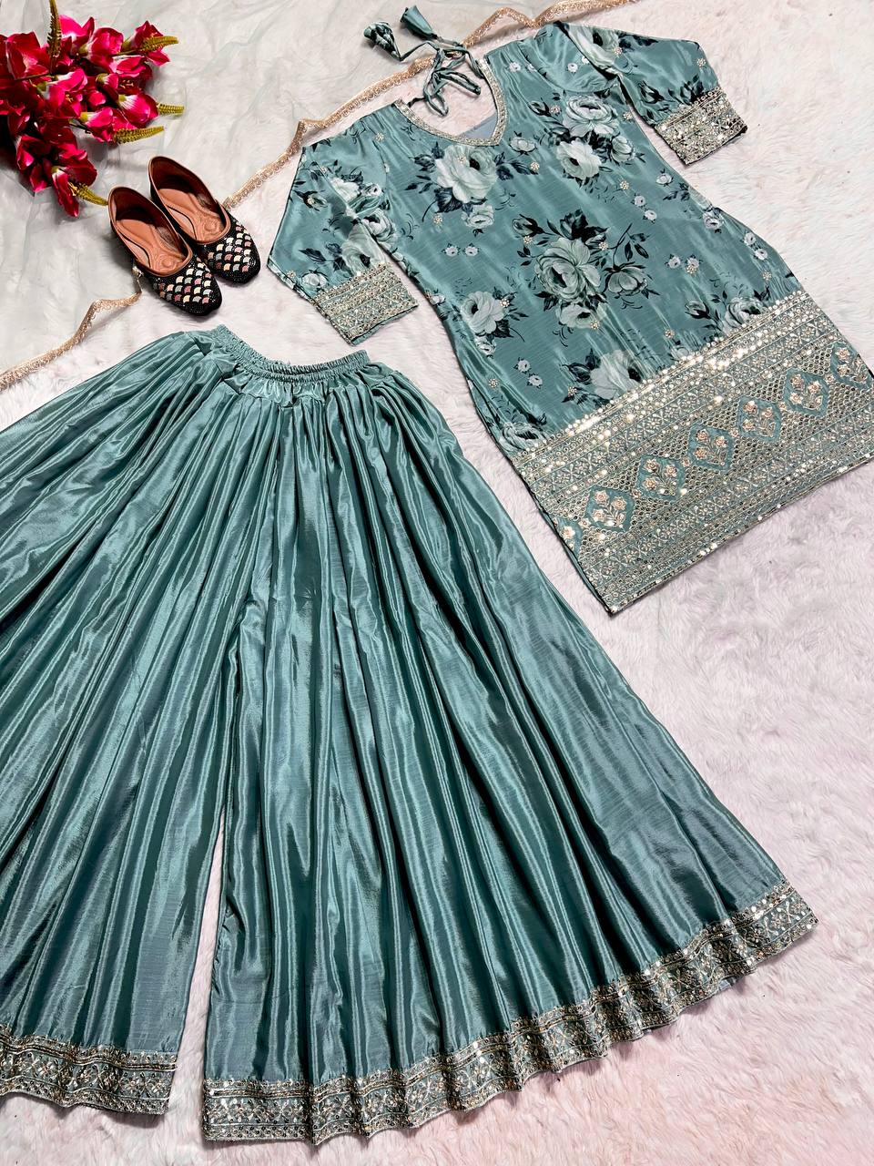 Luxurious Chinon Silk Kurta, Embroidered Sharara Palazzo, and Net Dupatta Set