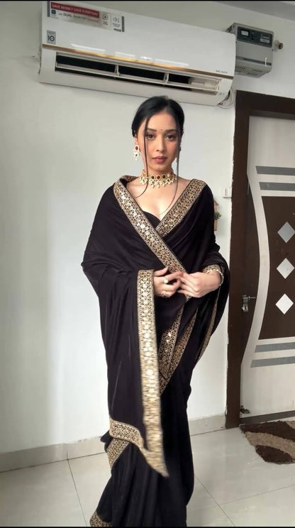 Black velvet designer party ready to wear saree