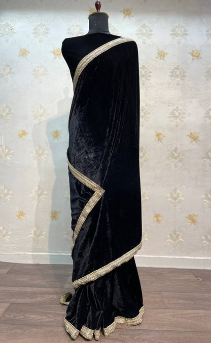 Black velvet designer party ready to wear saree