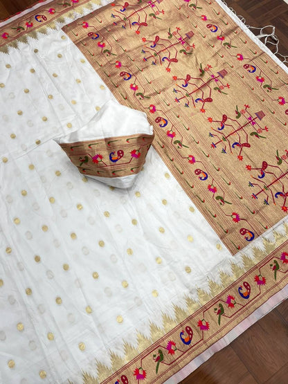 White Original Paithani Silk Saree With Pure Zari Weaving Work and Blouse