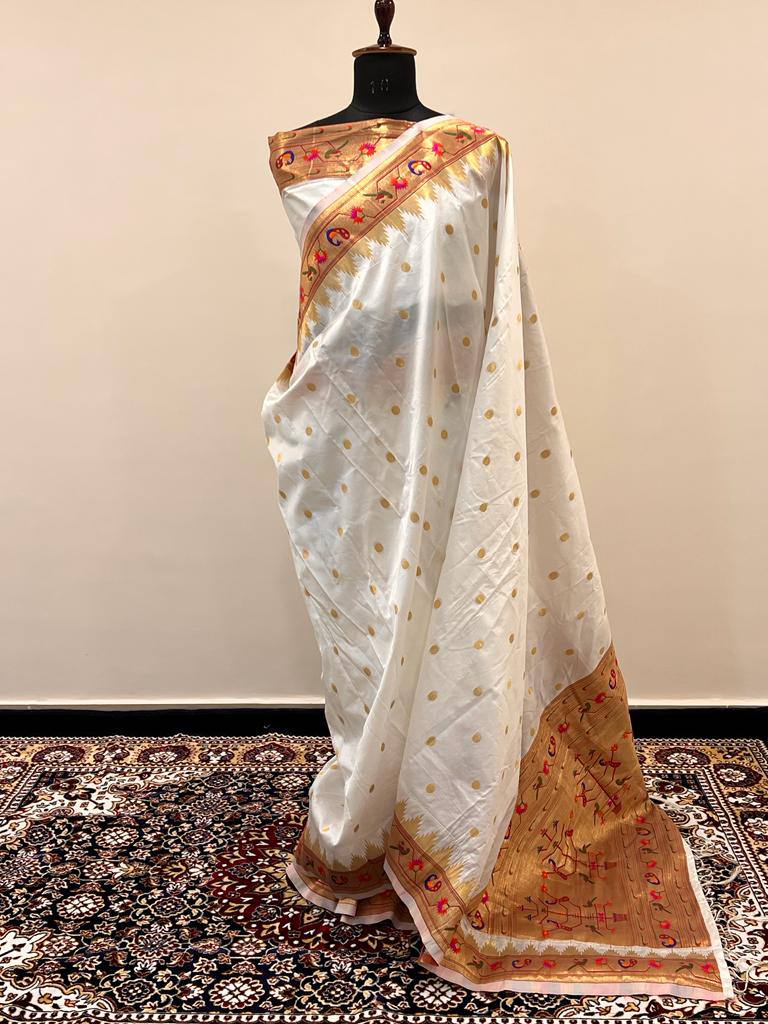 White Original Paithani Silk Saree With Pure Zari Weaving Work and Blouse