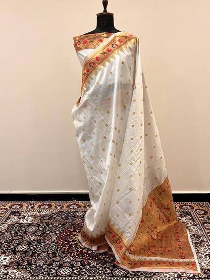 White Original Paithani Silk Saree With Pure Zari Weaving Work and Blouse