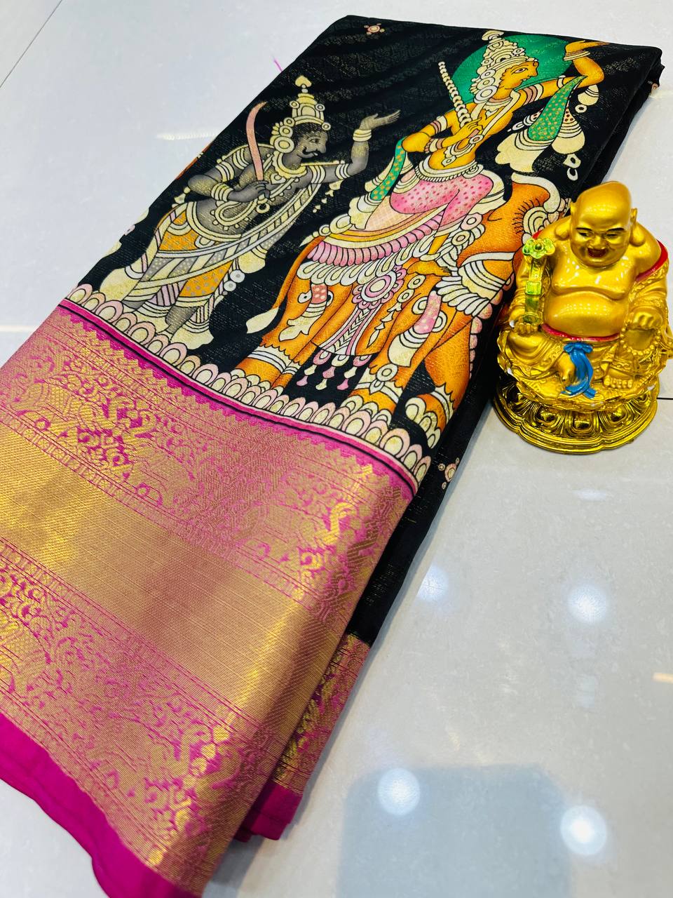 Pattu Kalamkari saree with brocade blouse and jari wewing contrast pallu