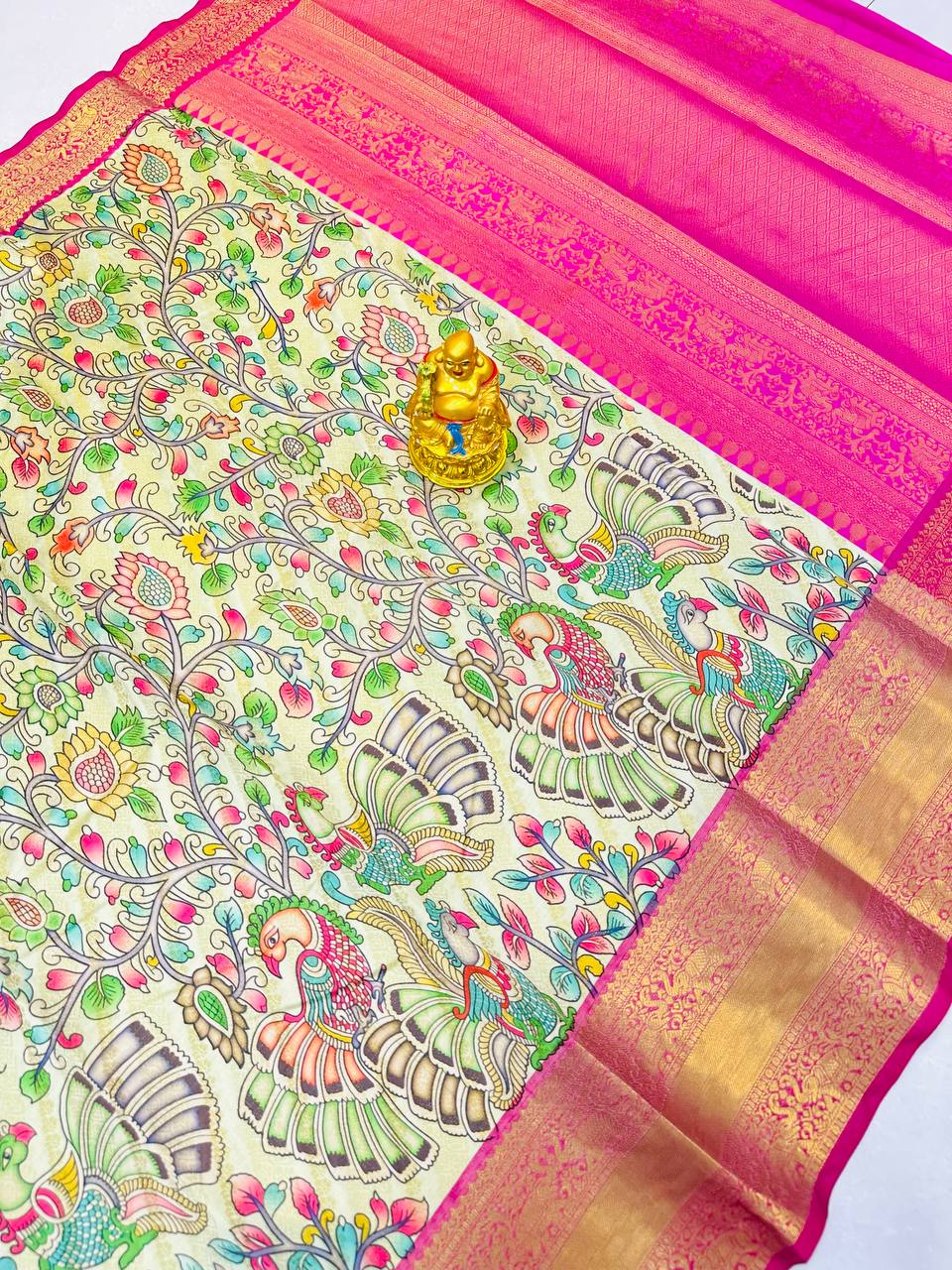 Pattu Kalamkari saree with brocade blouse and jari wewing contrast pallu