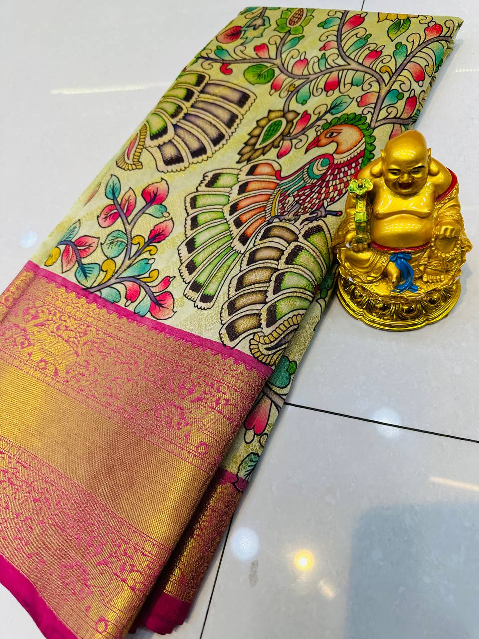 Pattu Kalamkari saree with brocade blouse and jari wewing contrast pallu