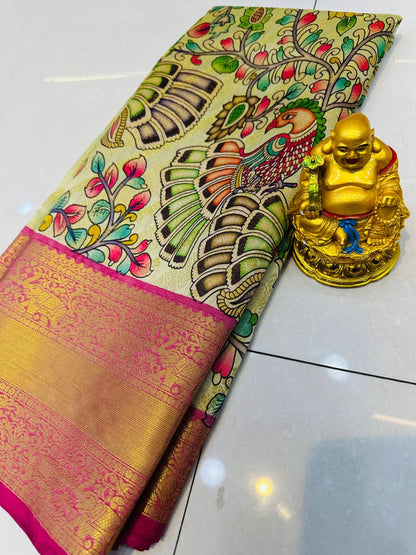 Pattu Kalamkari saree with brocade blouse and jari wewing contrast pallu