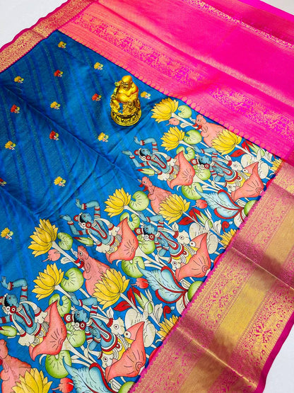 Pattu Kalamkari saree with brocade blouse and jari wewing contrast pallu