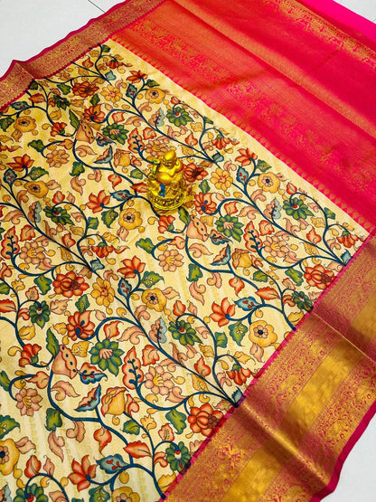 Pattu Kalamkari saree with brocade blouse and jari wewing contrast pallu