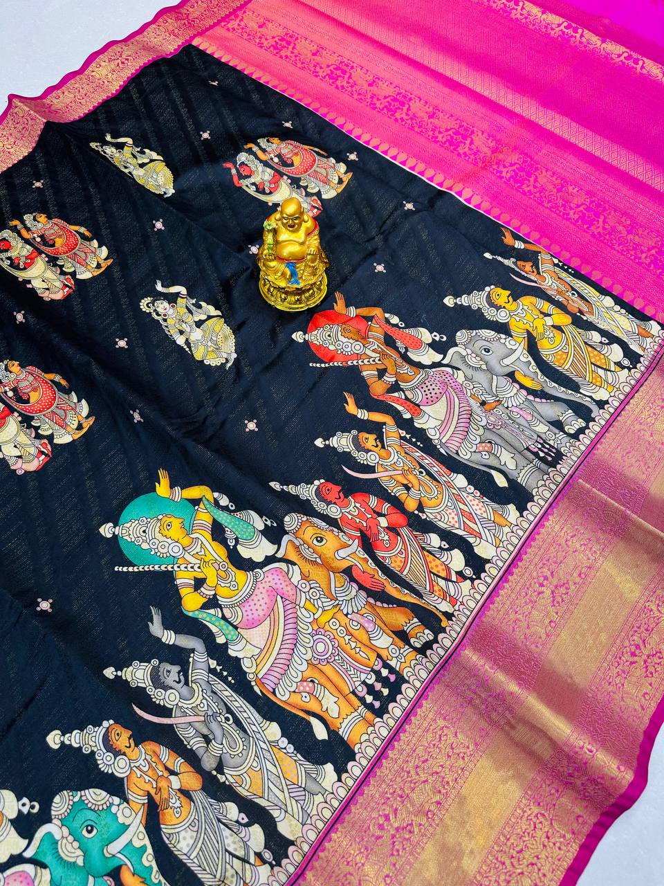 Pattu Kalamkari saree with brocade blouse and jari wewing contrast pallu