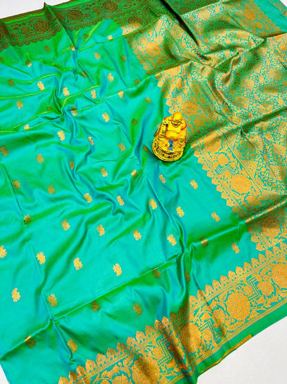 Hypnotic Rama Soft Banarasi Silk Saree With Unique Blouse Piece