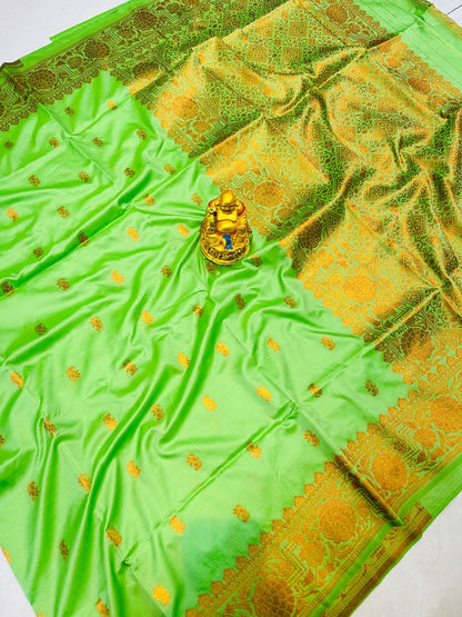 Hypnotic Rama Soft Banarasi Silk Saree With Unique Blouse Piece