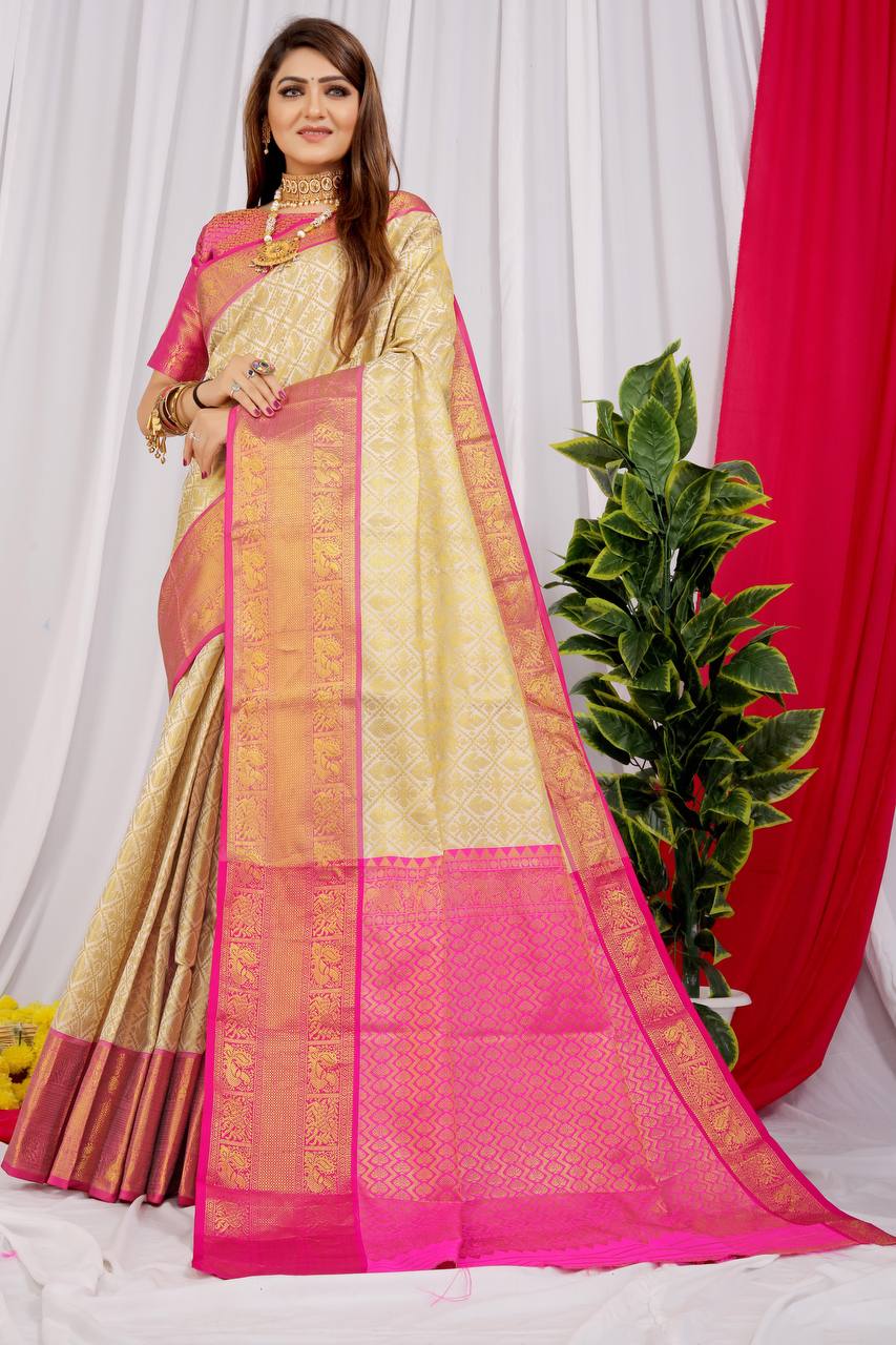 Ethnic Motif Woven Design Zari Pure Silk Designer Kanjeevaram Saree