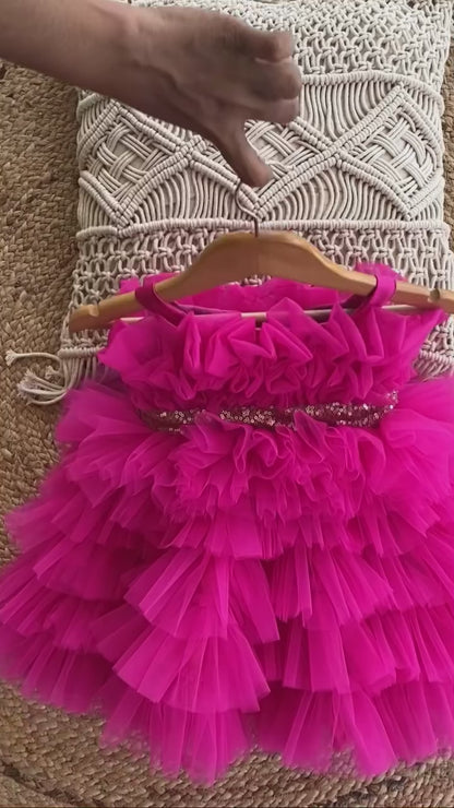 Deep Pink Baby Frock with Net Frills and Sequins Belt