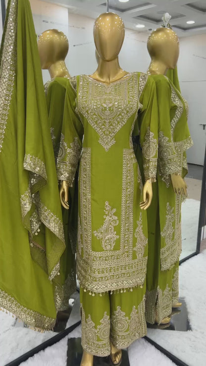 Grand Green Color Chinnon Silk Embroidery Coding Salwar Suit