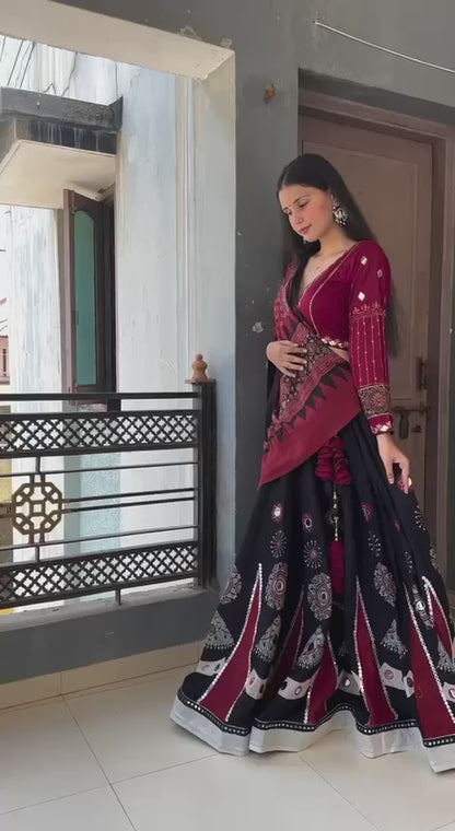 Black Color Rayon With Printed Navratri Special Designer Lehengas