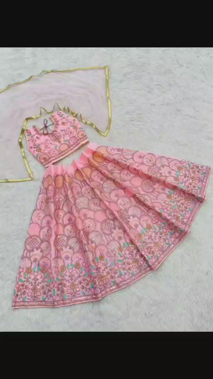 Heavy Mono Net Pink Festival Wear Embroidery Work Kids Lehenga Choli