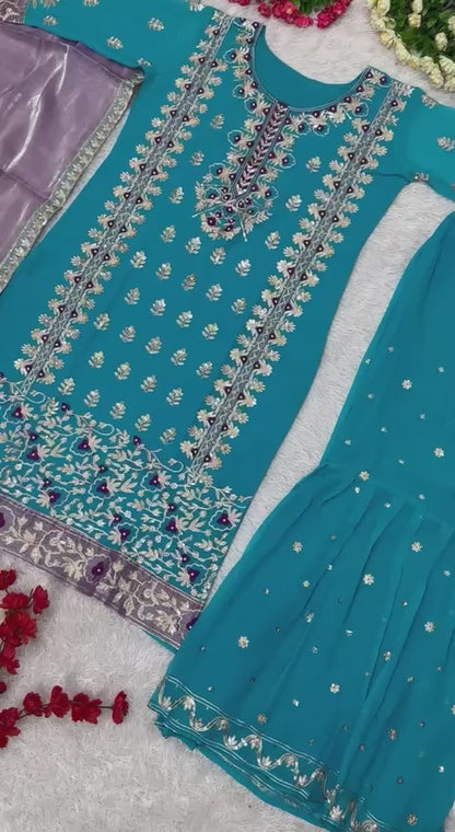 Stylish Sky Blue Color Sequence Work Sharara Suit