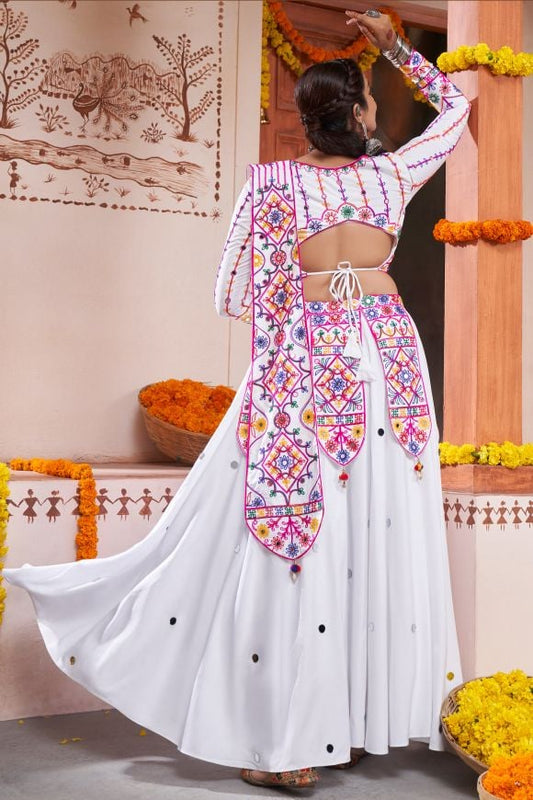 NAVRATRI SPECIAL EMBROIDERED RAYON FABRIC READYMADE GHAGRA CHOLI IN WHITE COLOR