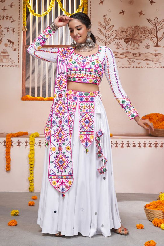 NAVRATRI SPECIAL EMBROIDERED RAYON FABRIC READYMADE GHAGRA CHOLI IN WHITE COLOR