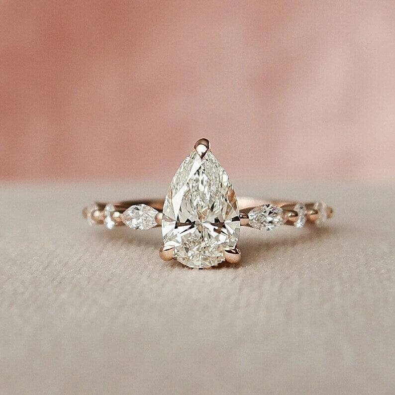 2 Carat Pear Moissanite Ring, Wedding Ring, Solid Yellow/White/Rose Gold, Minimalist Dainty Rings