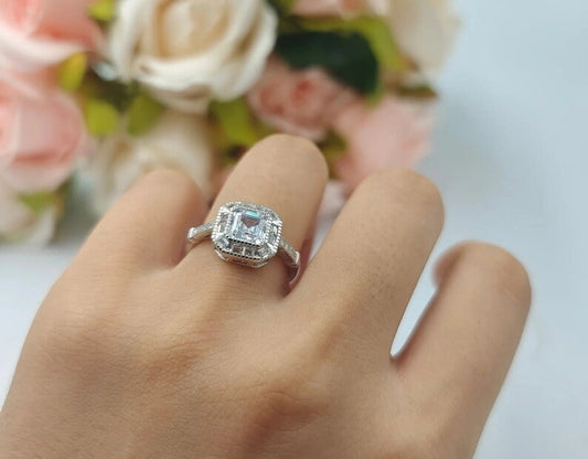 1.00 Carat Bezel Asscher Cut Art Deco Engagement Ring, Baguette Round Diamond Anniversary Ring / Wedding Ring / proposal Ring / Bridal Ring