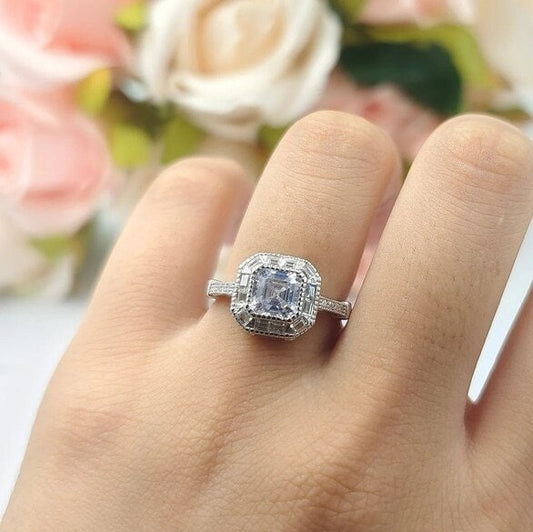 1.00 Carat Bezel Asscher Cut Art Deco Engagement Ring, Baguette Round Diamond Anniversary Ring / Wedding Ring / proposal Ring / Bridal Ring