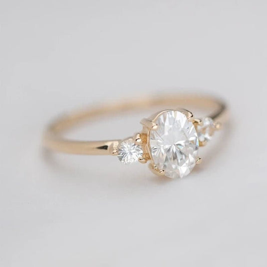 Oval Cut Moissanite Ring, Oval Cut 14K Solid Yellow Gold Diamond Three 3 Stone Wedding Ring Dainty Minimalist Promise Ring