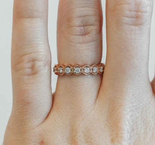 9 Stone Round Half Eternity Moissanite Bands, 14K Rose Gold. Lab Diamond, Everyday wear