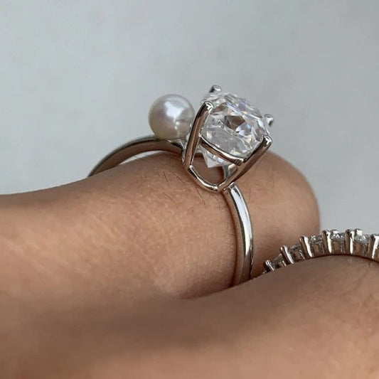 Crushed ice Oval & Pearl 12x8 MM High Fashion Ring, Two stone ring, Unique Proposal ring, 925 Sterling Silver , 10K Gold, 14K Gold, 18k Gold