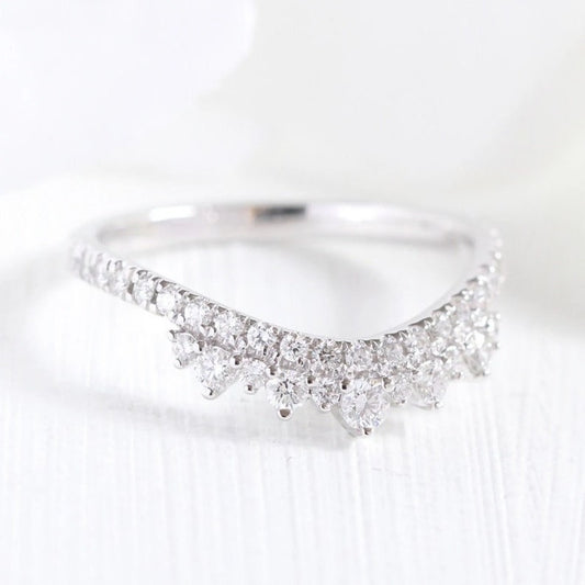 Curved Band, Unique design Moissanite Chevron wedding band, vintage design band